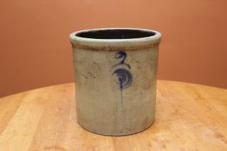 Vintage 2 Gallon Salt Glaze Stoneware Crock Albany Slip Blue Target Mark