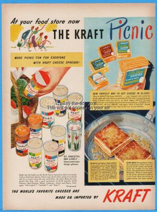 1950 Kraft Cheese Spread Glasses Slices Grilled Cheese Sandwich Chee - Whiz Art Ad