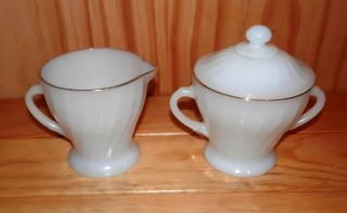 Anchor Hocking Fire King White Gold Milk Glass Creamer And Sugar Bowl With Lid