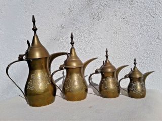 4 Vintage Engraved Brass Dallah Middle Eastern Arabic Coffee Pots