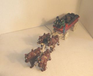 Vintage Cast Iron 2 Horse Drawn Beer Wagon 19.  5 Long Clydesdales Barrels