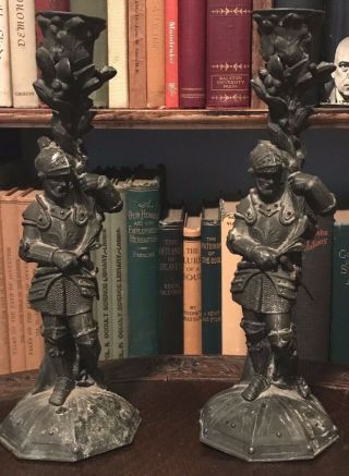 Antique Victorian Cast Iron Candlesticks Of Two Knights - Late 19th Century