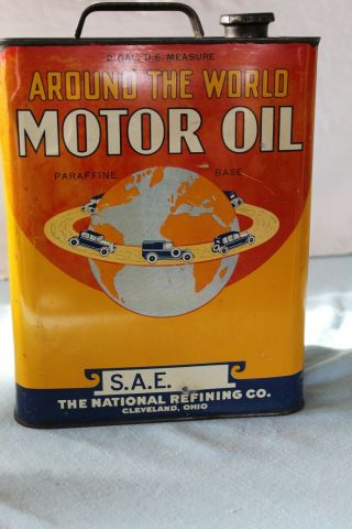 Vintage Around The World Motor Oil Can 2 Gallon Rare Great Graphics