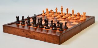 Antique English Ebony Staunton Chess Set & Draughts & Chess Board C1875