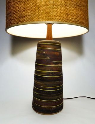 Gordon & Jane Martz Signed Striped Matte Ceramic Table Lamp,  W/teak Stem/finial