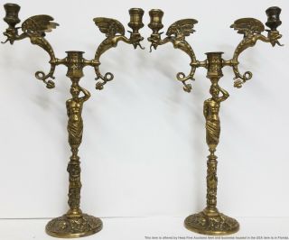 Pr Bronze Brass Antique Victorian Griffin Mascaron Figural Candlestick Holders
