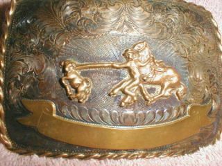 Vtg Walters Sterling Silver Overlay Calf Roping Trophy Buckle Rope Border 174 - 2 2