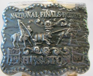 Hesston 1987 National Finals Rodeo Calf Roping Belt Buckle 2.  5 " Miniature