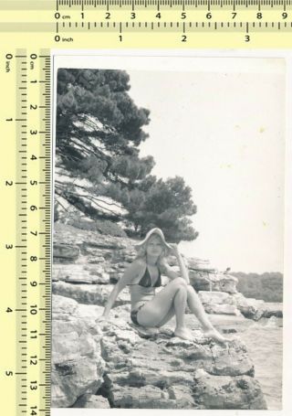 1960s Pretty Bikini Woman W Hat On Beach,  Sexy Swimwear Lady Old Photo