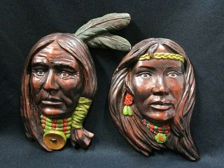 Vintage Native American Indian Heads Chalkware Plaster Wall Hanging Chief Squaw