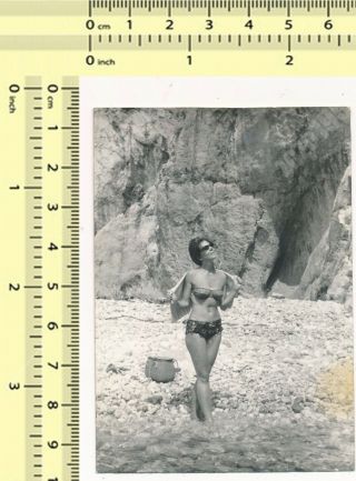 1960s Bikini Woman On Beach With Towel,  Bathing Suit Swimsuit Woman Old Photo