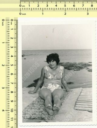 1960s Barefoot Bikini Woman On Beach,  Swimsuit Lady Portrait Old Photo