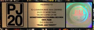 PEARL JAM - RIAA PLATINUM DVD Record Award TWENTY Cameron Crowe 2