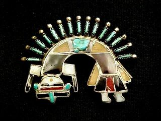 Vintage Zuni Rainbow Man Needlepoint Turquoise - Coral - M,  O,  P Pin Sterling Pin