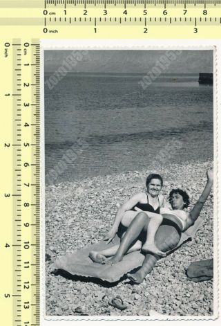 Hairy Armpits,  Two Bikini Women Laying On Beach,  Swimwear Ladies Old Photo