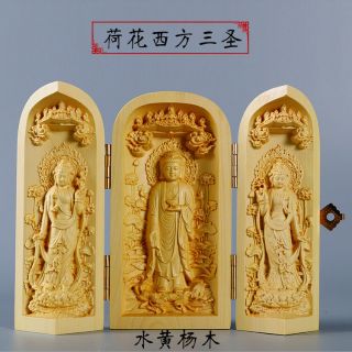 5.  2 " Art China Buddhism Boxwood Wood Carved Buddha Bodhisattva Statue Box