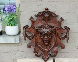 Antique 1900 Black Forest Wood Carved Devil Gothic Head Wall Panel Plaque
