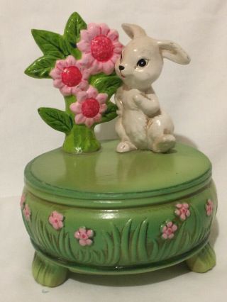 Josef Originals Rabbit With Flowers Ceramic Music Box
