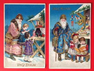 Vive St.  Nicolas - Vintage Santa Postcards (2) Pink,  Blue Robes - Lovely Cards