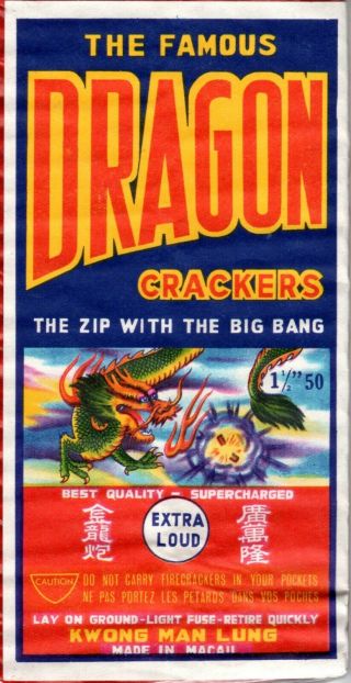 Famous Dragon Crackers Firecracker Label,  Complete With Glassine