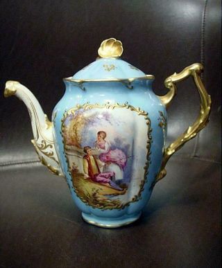 Sevres Porcelain Teapot W/ Hand Painted Scene & Heavy Gilding On Celeste Blue