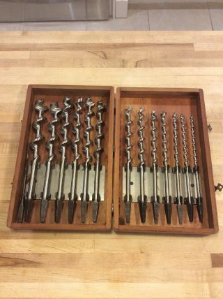 Vintage Irwin 13 Auger Brace Drill Bit Set ¼” To 1” With Wooden Box Made In Usa