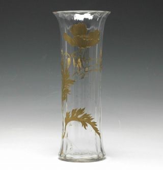 Tall Artistic Glass Vase,  Beaded Golden Floral Pattern.  C1900,  Pontil