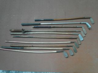 9,  Vintage Antique Hickory Shafted Golf Clubs & 1 Steel Shafted Putter