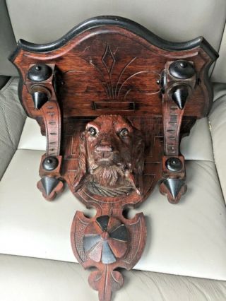 Antique Old Folk Art Carved Wooden Clock Dog Shelf German Black Forest Hunting