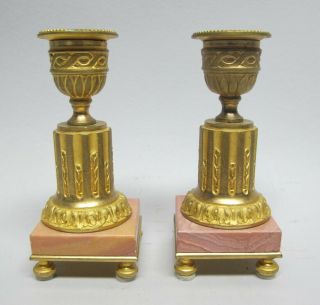 Unique 4.  75 " French Gilt Bronze & Pink Marble Candle Holders C.  1900 Antique