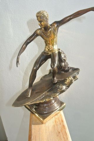 Aged Brass Surfer Statue Heavy Vintage Old Style Trophy 25 Cm Surf Surfing B
