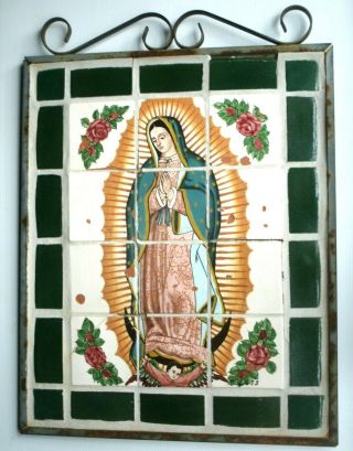Vintage Virgin Lady Of Guadalupe Hand Painted Tile Mural On Wrought Iron