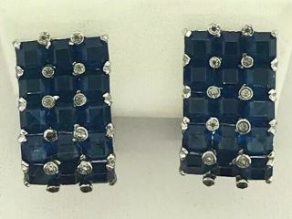 Vintage Joseph Mazer Jomaz Blue White Rhinestone Silver Tone Clip Earrings