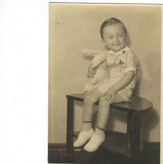 Easter Decor Vintage Black And White Photo Little Boy Plush Rabbit 1950s - 60s
