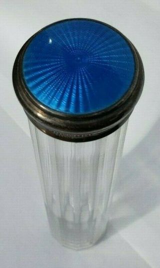British Edwardian Blue Guilloche Enamel Sterling Lid & Crystal Glass Vanity Jar