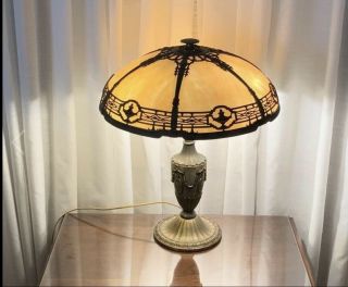 Vintage Bradley & Hubbard Caramel Slag Glass Lamp 21” 6 Panel Electric