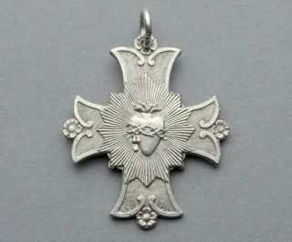 French,  Antique Religious Silver Cross.  Jesus Christ,  Sacred Heart.  Medal Penin.