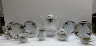 Camina Fine Porcelaine Tea Set White With Blue And Gold Trim