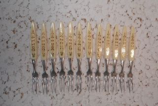Set of 12 Vintage Stainless Steel Pickle Hors d ' oeuvres Forks w/Gold Accents 2