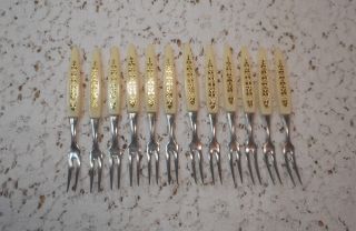 Set of 12 Vintage Stainless Steel Pickle Hors d ' oeuvres Forks w/Gold Accents 3