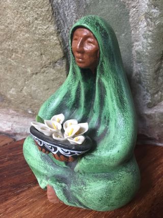 Woman Holding Calla Lilies Native Mexican Folk Art Pottery Sculpture Mexico