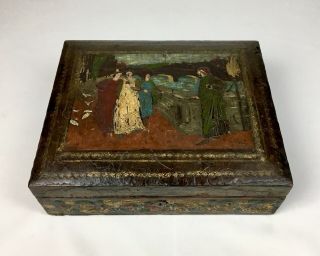 Large Antique Italian Embossed Leather Gilt Gold Painted Box Jewelry