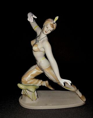 Rare Art Deco Porcelain Statue Figure of Erotic Dancer.  Hollohaza Mark.  Hungary 2