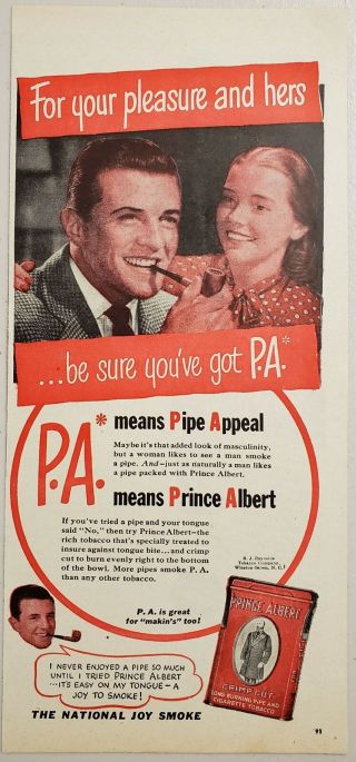 1947 Print Ad Prince Albert Tobacco Pretty Lady Admires Man Smoking A Pipe
