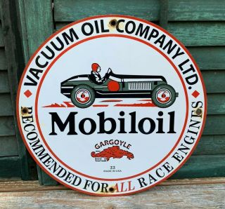 Vintage 1933 Mobiloil Mobil Vacuum Porcelain Sign Gas Oil Race Car Gargoyle