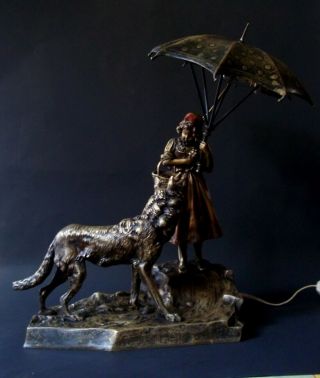 " Litlle Red Riding Hood And The Wolf " Vienna Bronze Lamp By Franz Bergman C.  1900