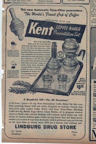 1945 Newspaper Ad For Kent Coffee Maker Set - Automatic Time Filter,  Xmas Ad