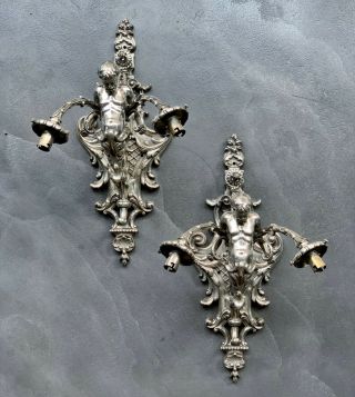 Fine & 19th Century C.  1880 French Silver Bronze Wall Sconces