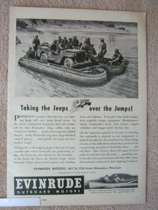 Vintage 1943 Wwii Evinrude Outboard Boat Motor Army Engineers Jeep Print Ad