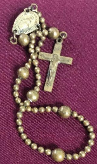 Antique Vintage Miniature Small Unusual Rosary Brass Bead Virgin Mary Center Pin